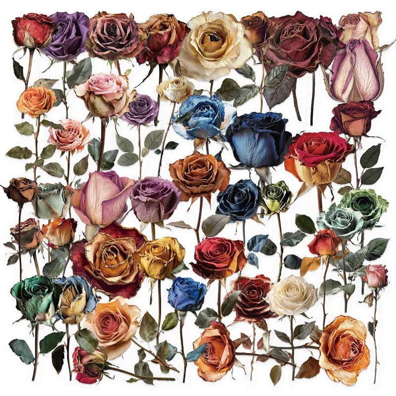 50PCS Vintage Wizened Rose PET Sticky Sticker Aesthetic Tear Open DIY Colored Decoration Scrapbooking School Supplies for Kids