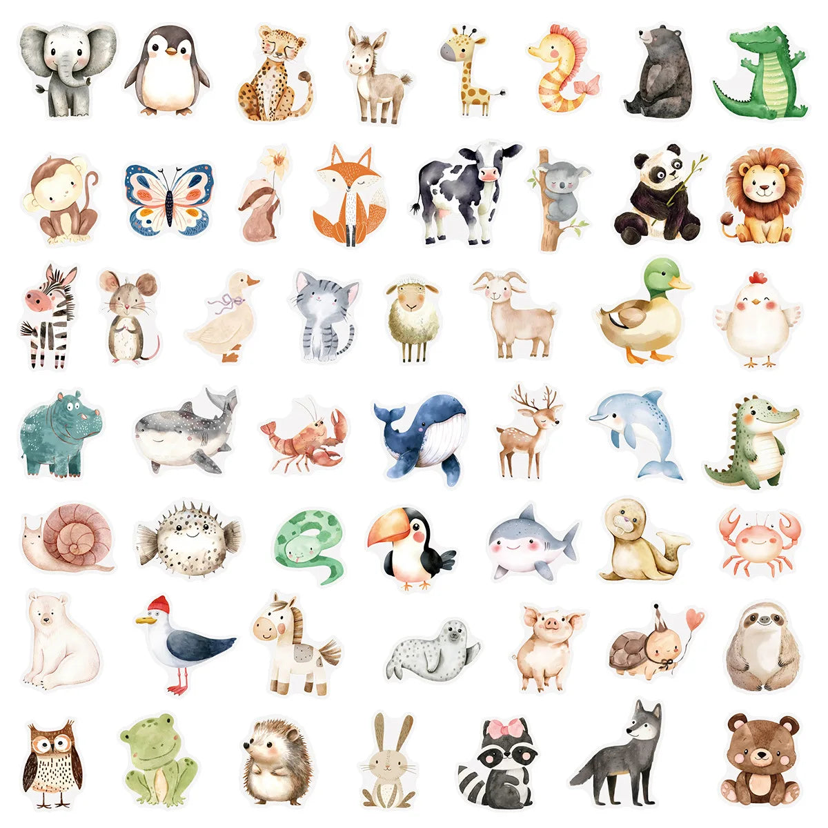 50/100PCS Transparent PET Watercolor Animal Stickers DIY Laptop Decoration Stationery Stickers