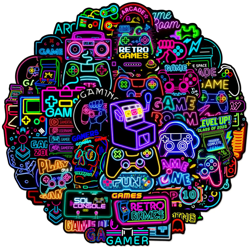50/100Pcs Neon Game Machine Graffiti Sticker Stationery DIY Decal Notebook Motorcycle Skateboard Tablet Luggage Fridge Stickers