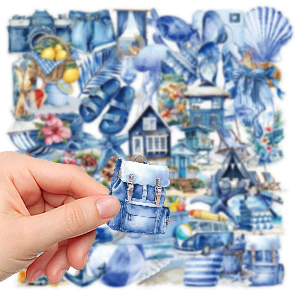 50-Pack Summer Beach Blue Waterproof Stickers Transparent PET Decoration Decals for Water Bottles Phone Stationery Notebook