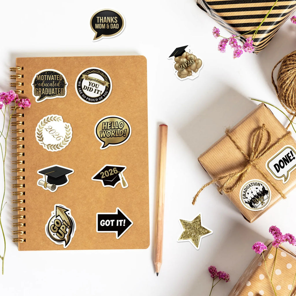 50/100 Pcs 2026 Graduation Party Theme Stickers for Atmosphere DIY Stationery Box Pen Holder Laptop Phone Desk Fade Resistant