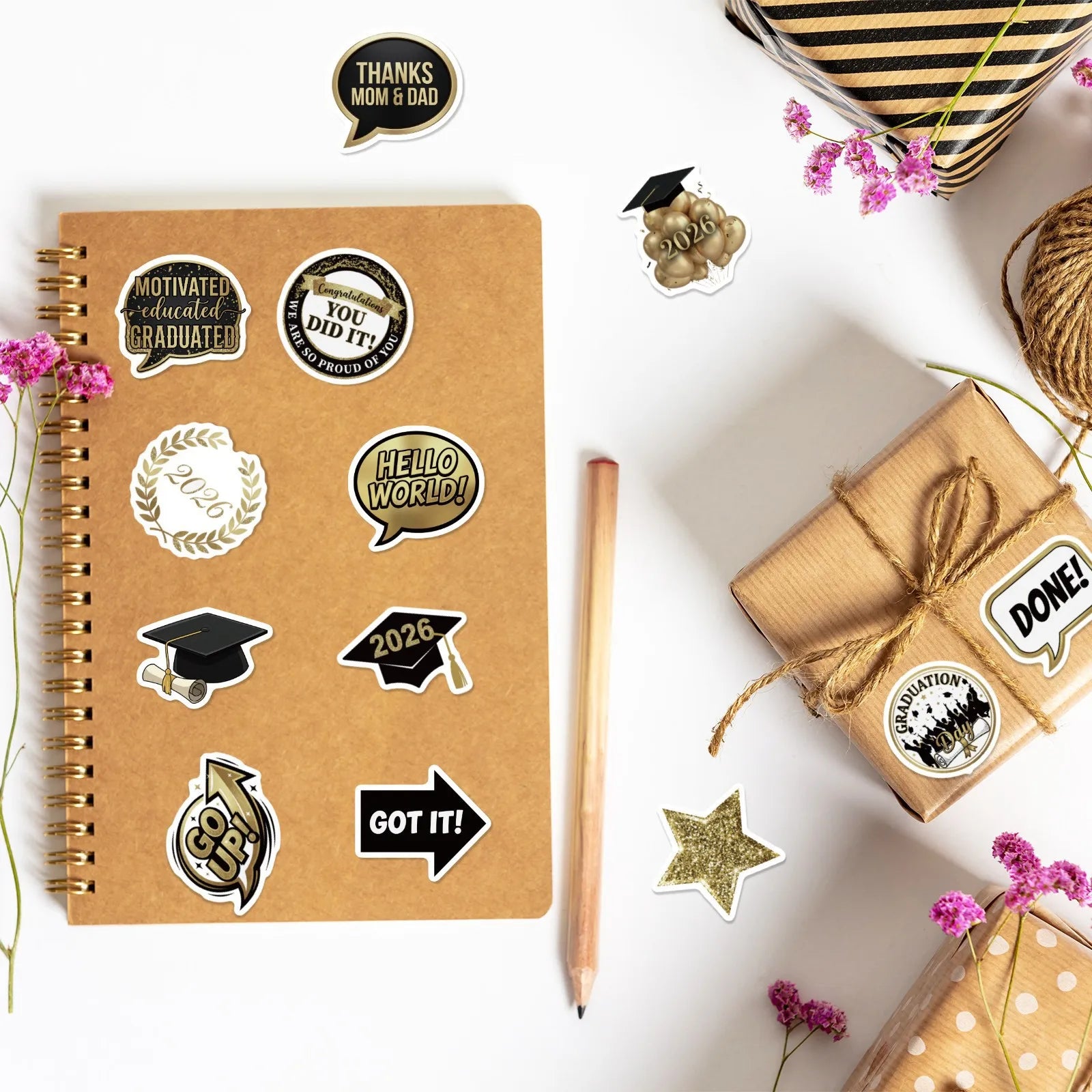 50/100 Pcs 2026 Graduation Party Theme Stickers for Atmosphere DIY Stationery Box Pen Holder Laptop Phone Desk Fade Resistant