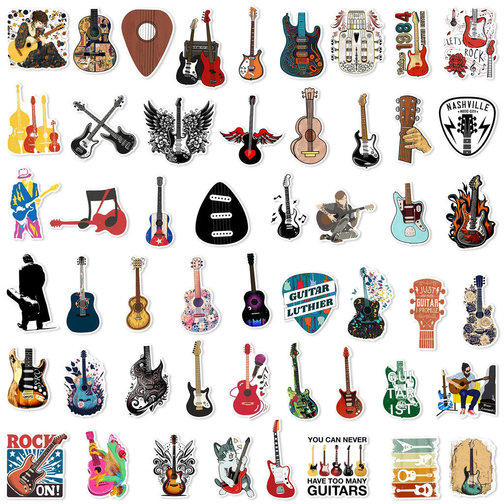 50/100 Pcs Reusable Trendy Guitar Instrument Doodle Stickers for DIY Notebook Scooter Guitar Piano Helmet Car Suitcase Decals
