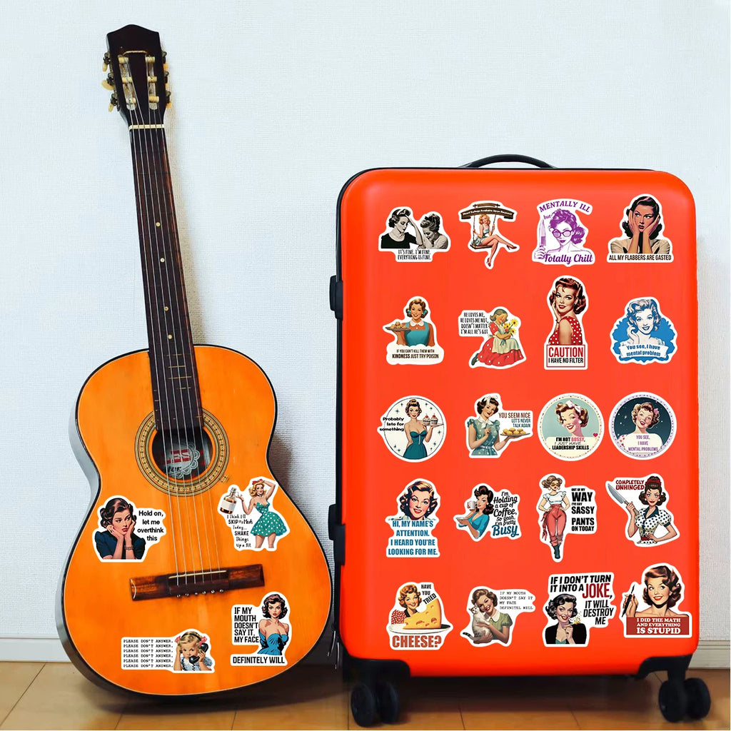 50PCS Retro 80s Woman Sarcastic Housewife Print Sticker Aesthetic Scrapbooking Graffiti Sticker Coffee Phone Greeting Stickers
