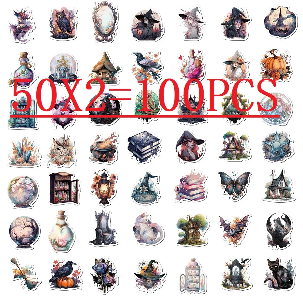 50/100PCS Realistic Witch Graffiti Stickers Decorative Guitar Notebook Luggage DIY Waterproof Stationery Stickers