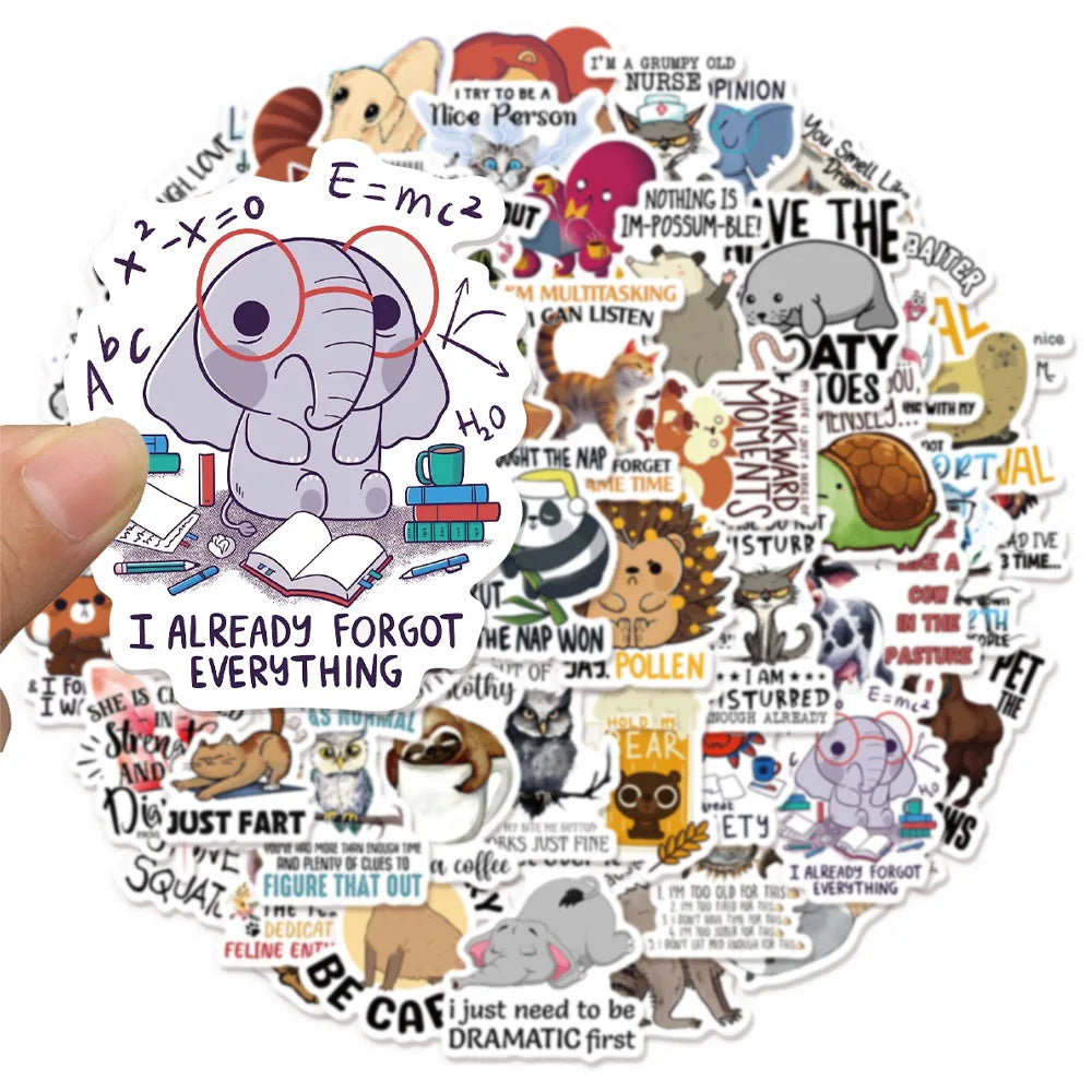 50PCS Fun Animal Quotes Sticker Pack Creative Graffiti DIY Handmade Clip Box Pack Skateboard Tablet Puzzle Toy Stickers
