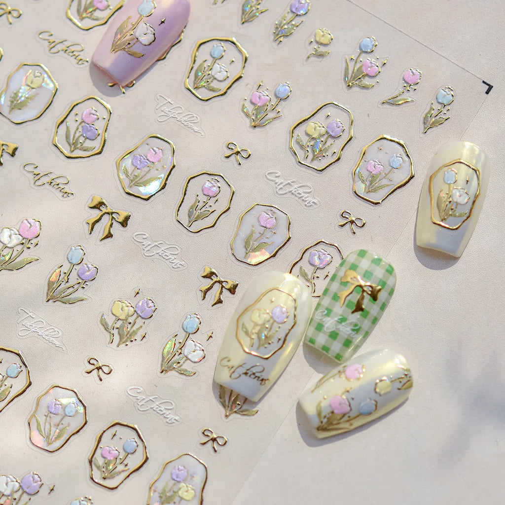 Hot Stamping Nail Stickers Exquisite Retro Watercolor Flower Nail Art 3D Decorations Stickers DIY Back Adhesive Manicure Decals
