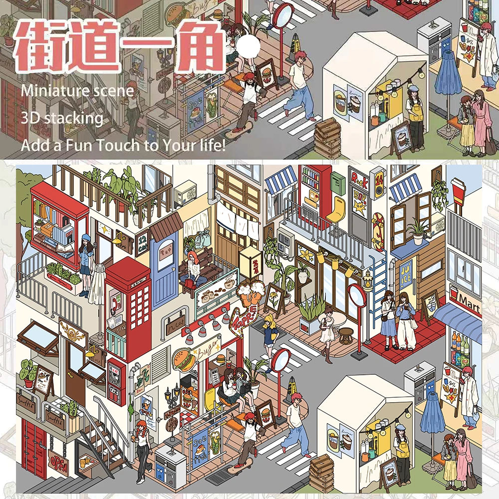 4PCS A corner of the street Landscaping Sticker Exquisite Nostalgia Skateboard Luggage Graffiti Cafe Bicycle Funny Scenic Sticke