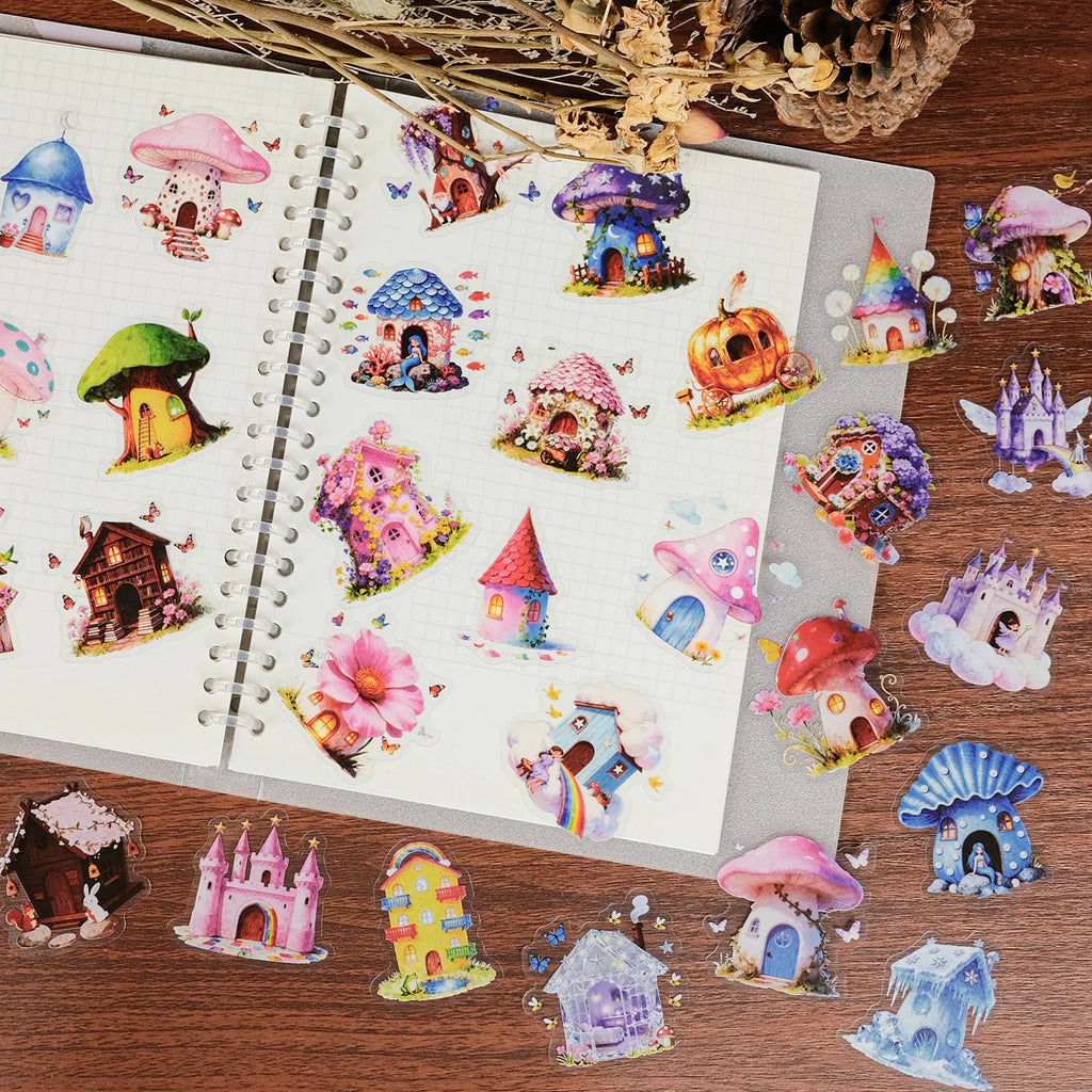 56/112Pcs Fairytale Colorful Mushroom House Castle Stickers, Clear PET Decals for Stationery Notebook Fridge Luggage Guitar