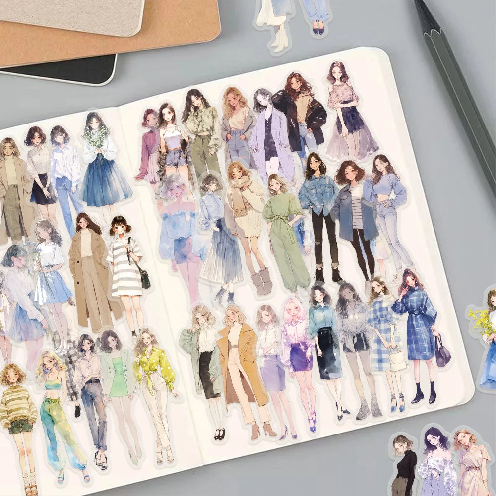 50Pcs Cartoon High Street Girl Wearing PET Material Transparent Stickers Water Cup Phone Case Guitar Fashion Decorative Stic