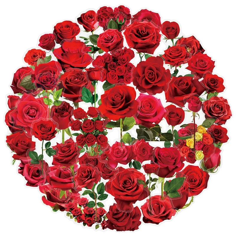 50PCS Kawaii Red Rose Flower PET Sticky Sticker Aesthetic Tear Open DIY Decoration Scrapbooking Stationery Supplies for Kids