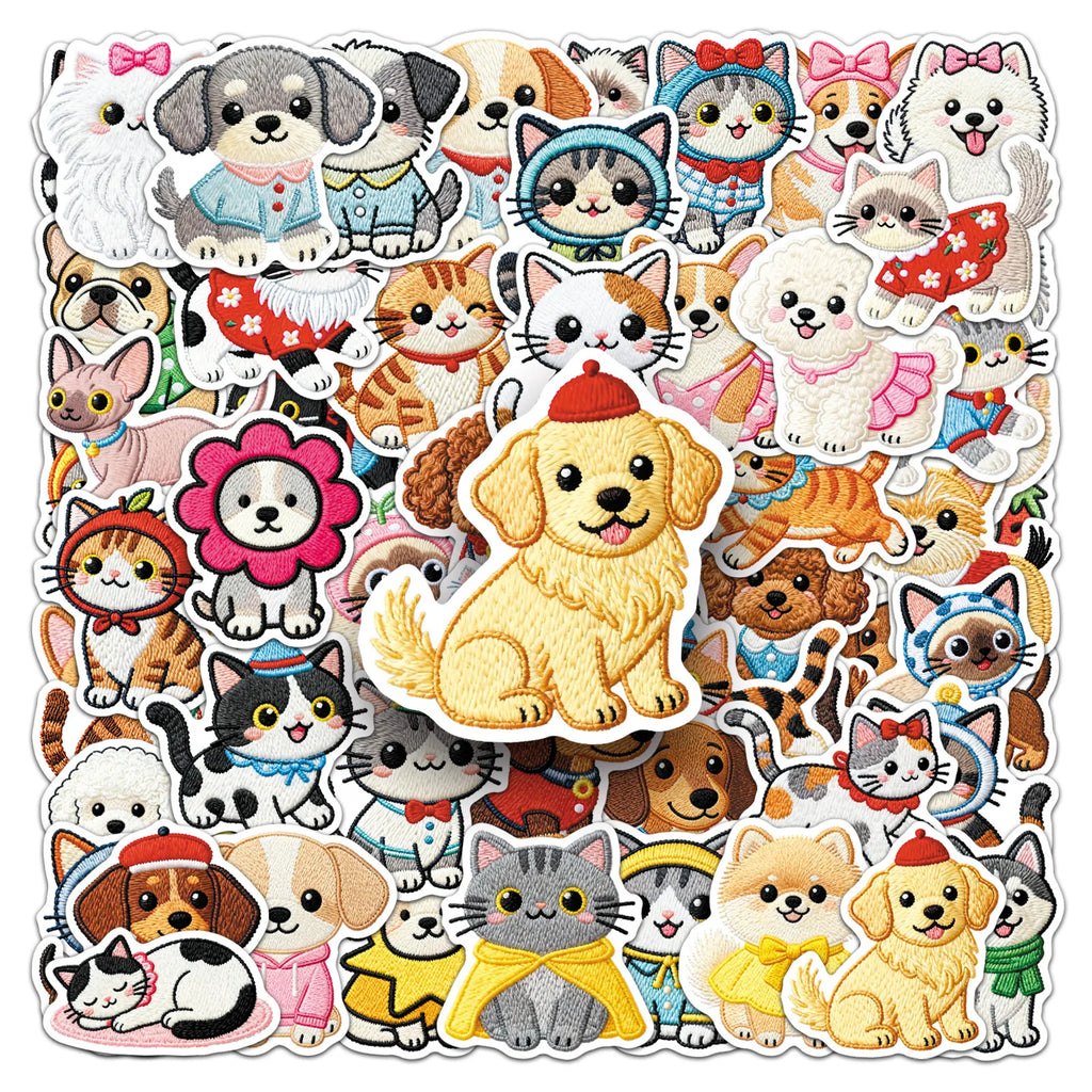 56Pcs Embroidered Style Cartoon Cat & Dog Doodle Stickers, Kawaii Pet Decals for Stationery Notebook Cup Phone Fridge Decor