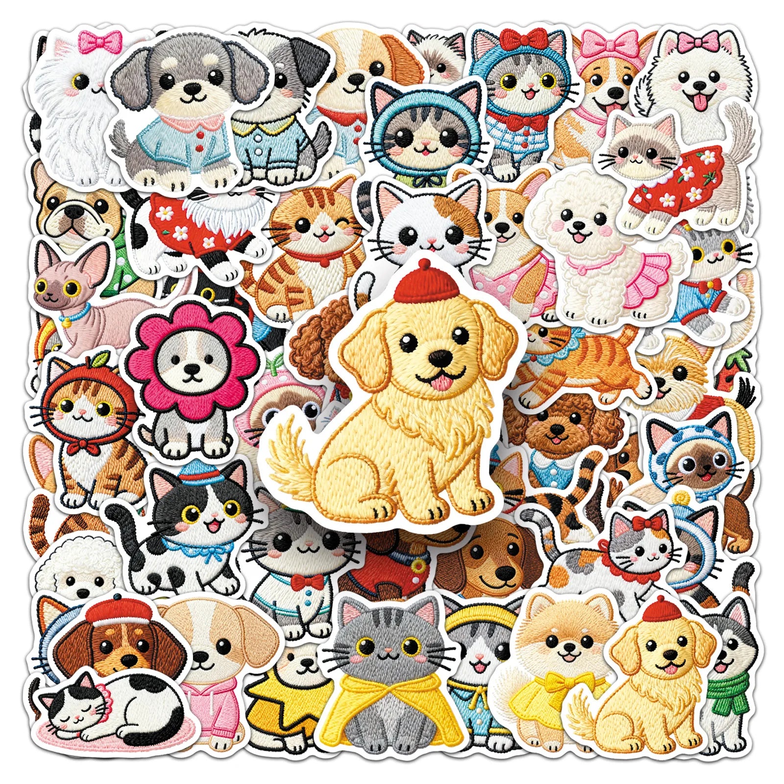 56Pcs Embroidered Style Cartoon Cat & Dog Doodle Stickers, Kawaii Pet Decals for Stationery Notebook Cup Phone Fridge Decor