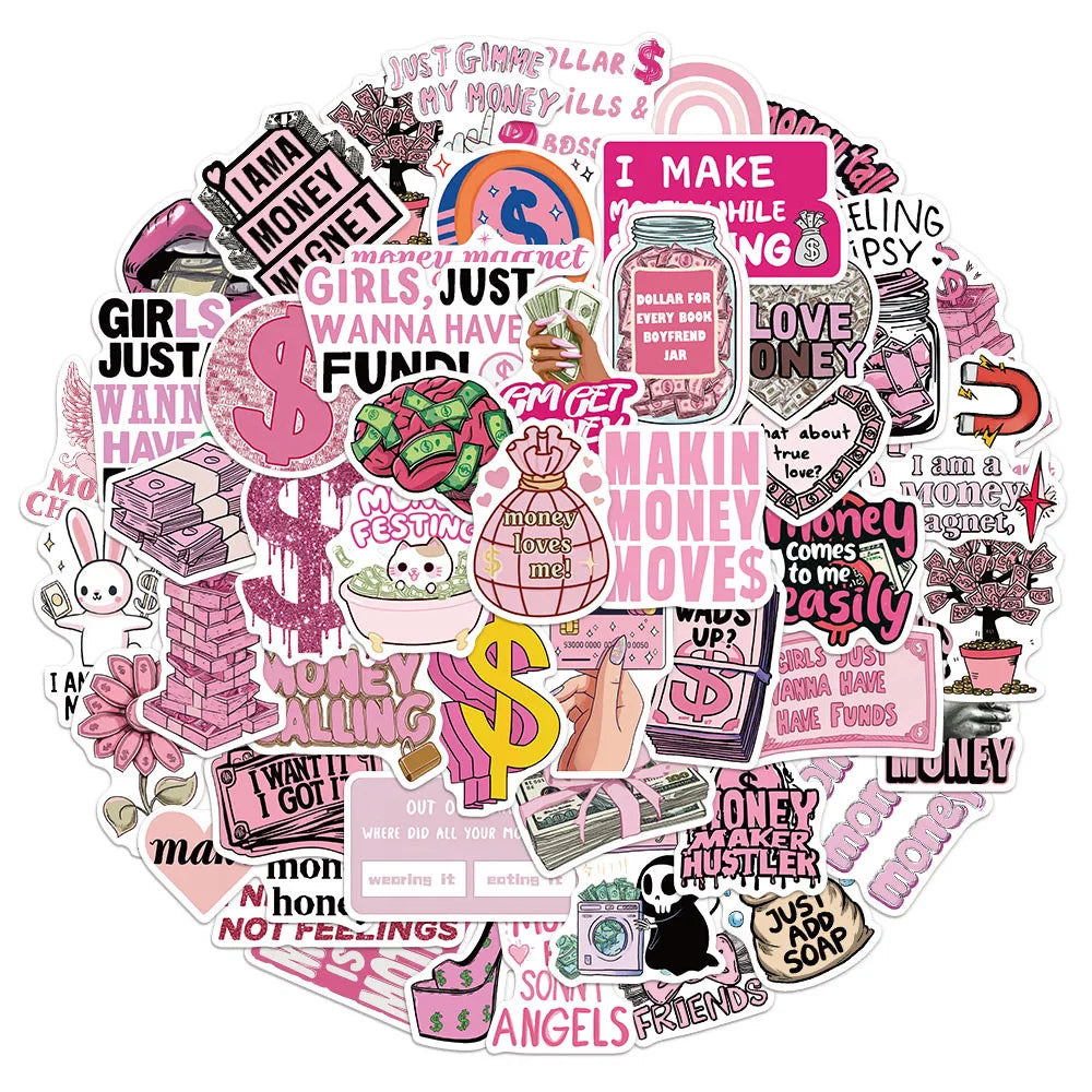 50PCS Money Pink Fun Stickers DIY Manual Speaker Decorative Bag Notebook Water Cup Label Stickers
