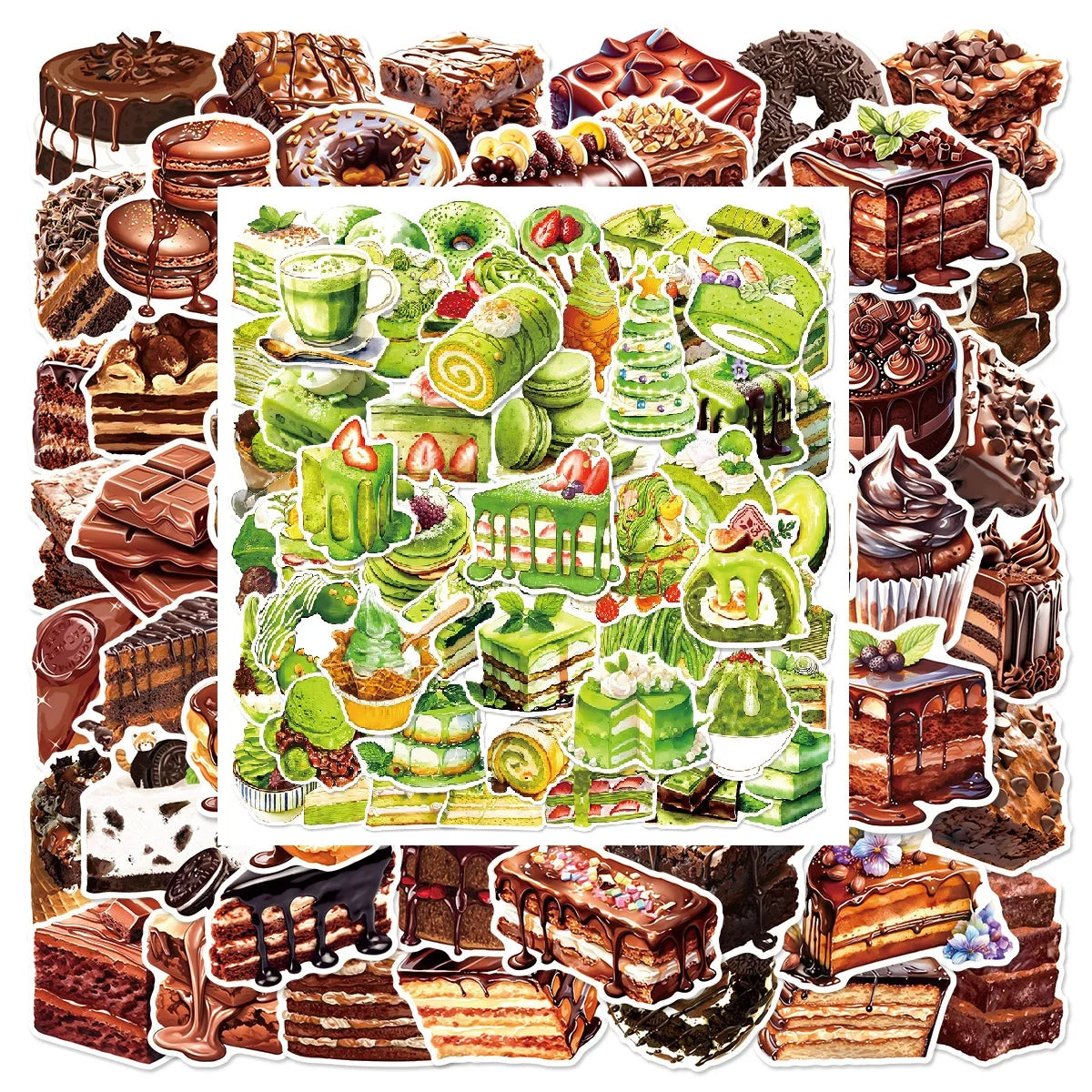 50/100Pcs Chocolate & Matcha Dessert Cake Doodle Stickers, Stationery Decor Decals Notebook Lunch Box Fridge Luggage Stickers