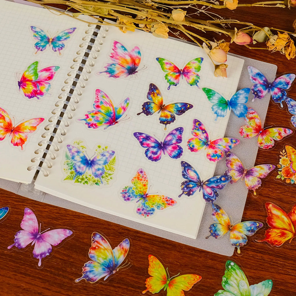 56PCS Watercolor Rainbow Butterfly PET Stickers, Dreamy Gradient Painted Insect Stationery Helmet Decorative Art Sticker