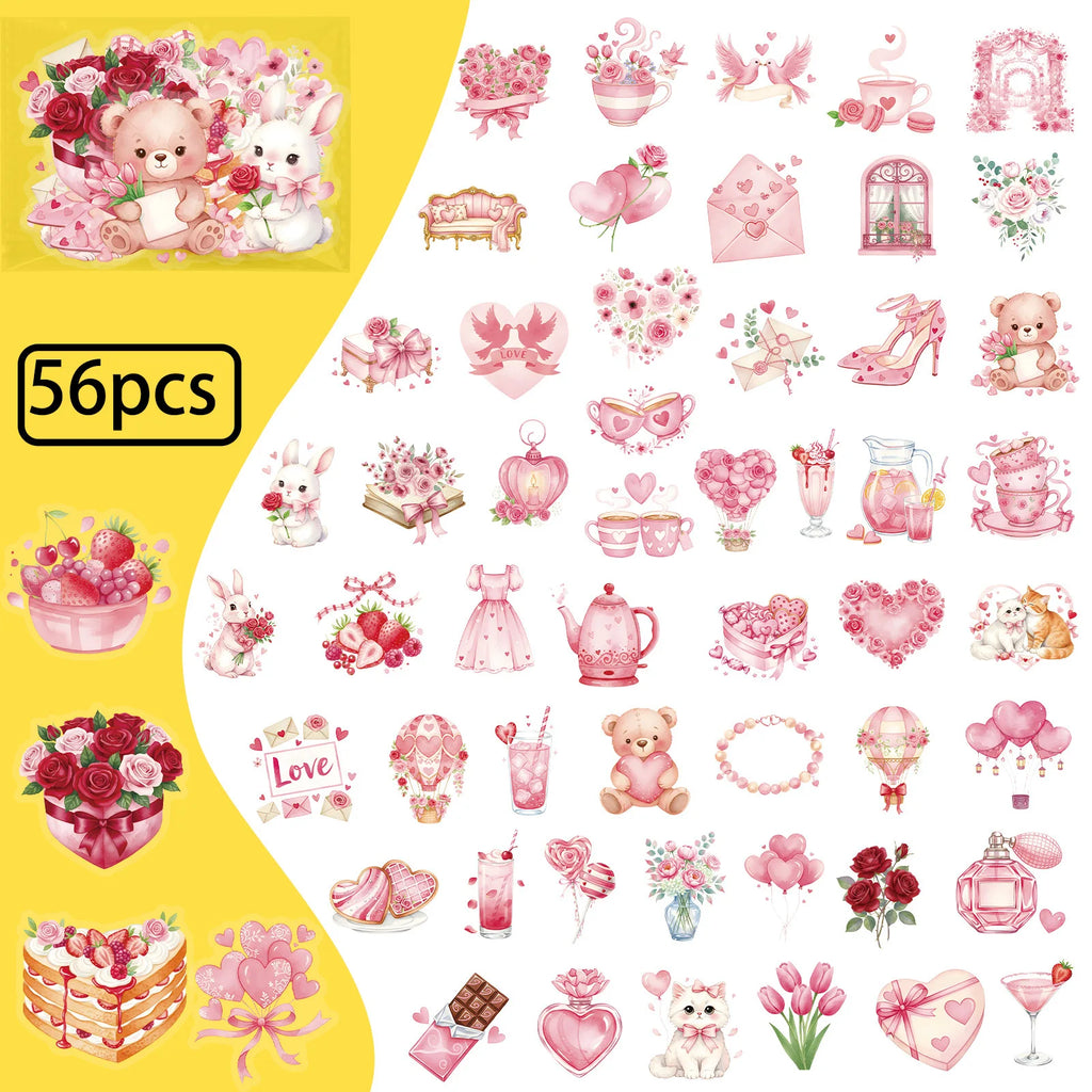 56/112PCS Pink Valentine's Day Cartoon Stickers Transparent PET High Beauty Festival Decorative Stickers