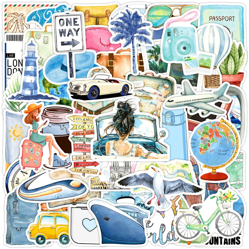 50/100 Pcs Cartoon Watercolor Outdoor Travel Life Stickers HD Colorful Waterproof for Skate Cup Fridge Car Diary Suitcase Guitar