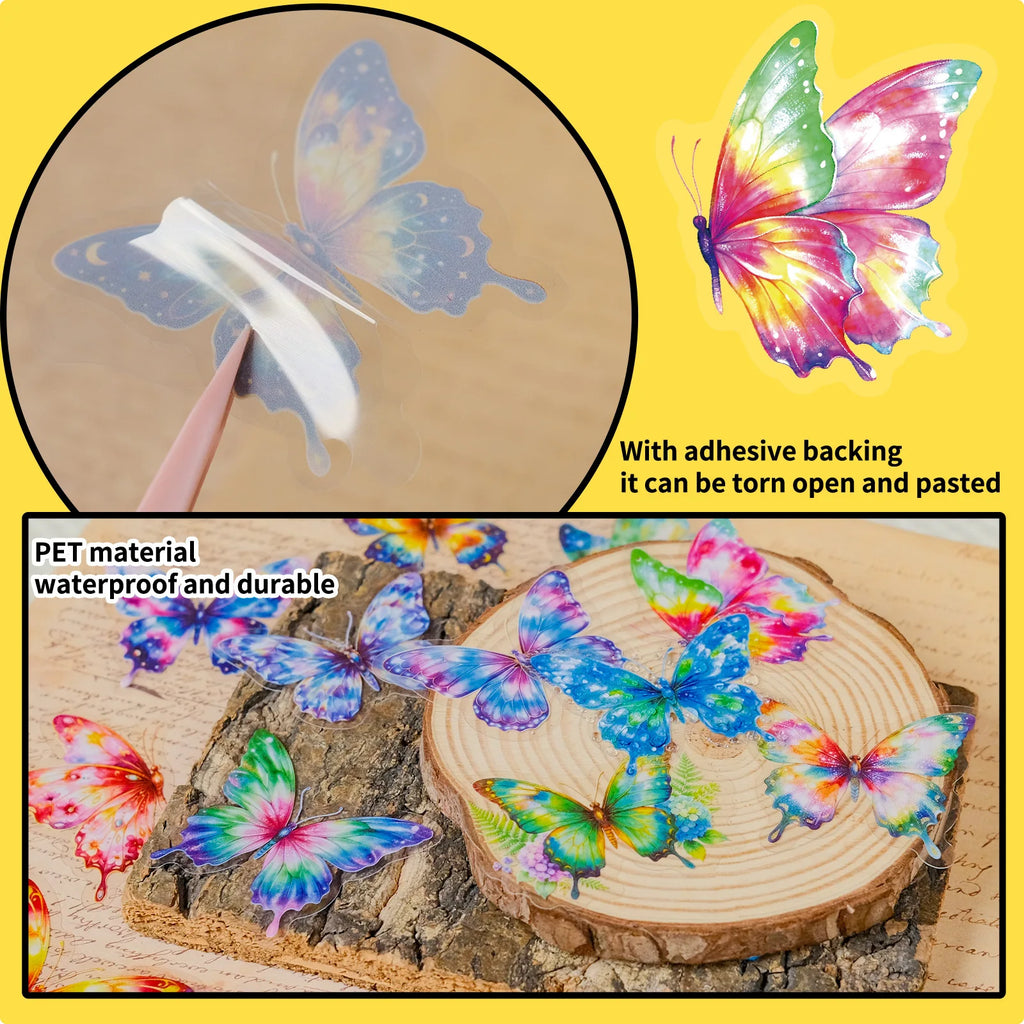 56PCS Watercolor Rainbow Butterfly PET Stickers, Dreamy Gradient Painted Insect Stationery Helmet Decorative Art Sticker