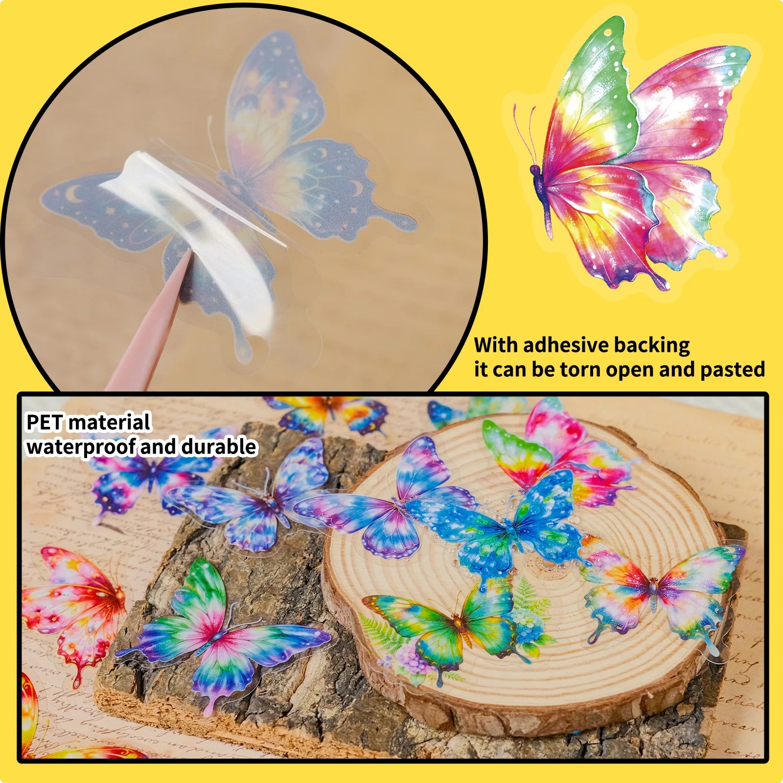 56PCS Watercolor Rainbow Butterfly PET Stickers, Dreamy Gradient Painted Insect Stationery Helmet Decorative Art Sticker