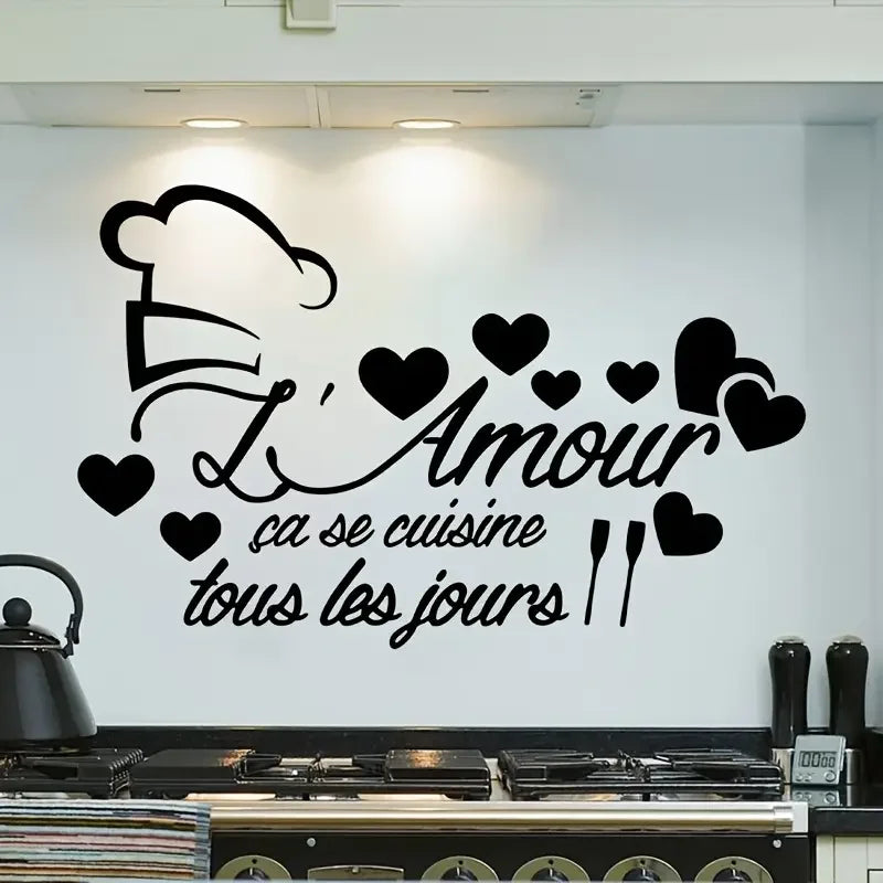 Modern French Kitchen Wall Sticker - "L'Amour se Cuisine Tous les Jours" with Heart Design, Self-Adhesive Plastic Decal for Glas