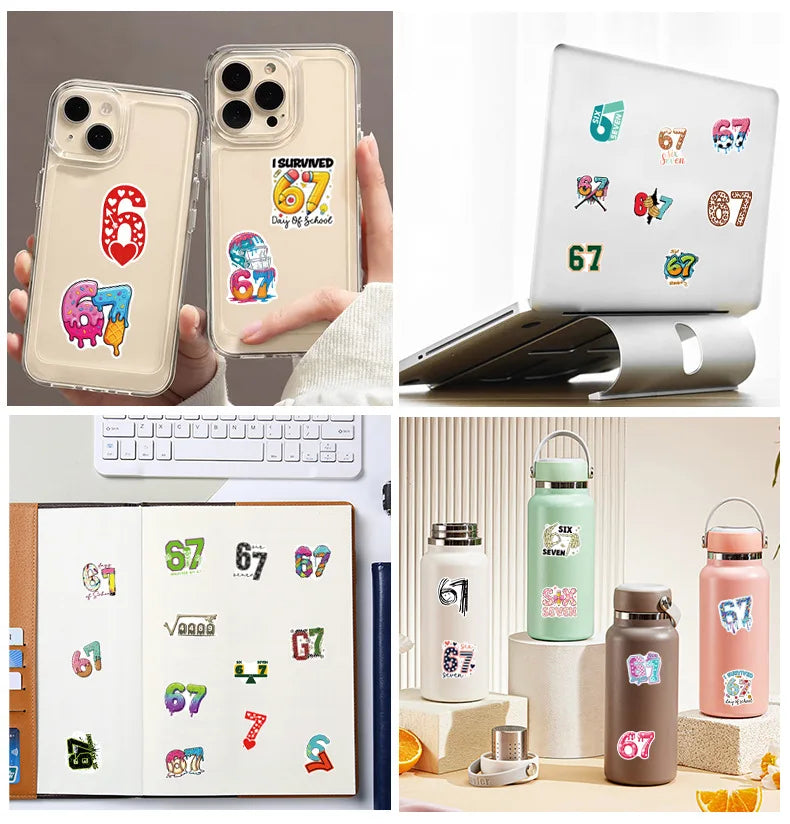 50/100 Pcs Unique Fun Colorful Number 67 Doodle Stickers DIY Game for Skate Helmet Cup Phone Waterproof Decals