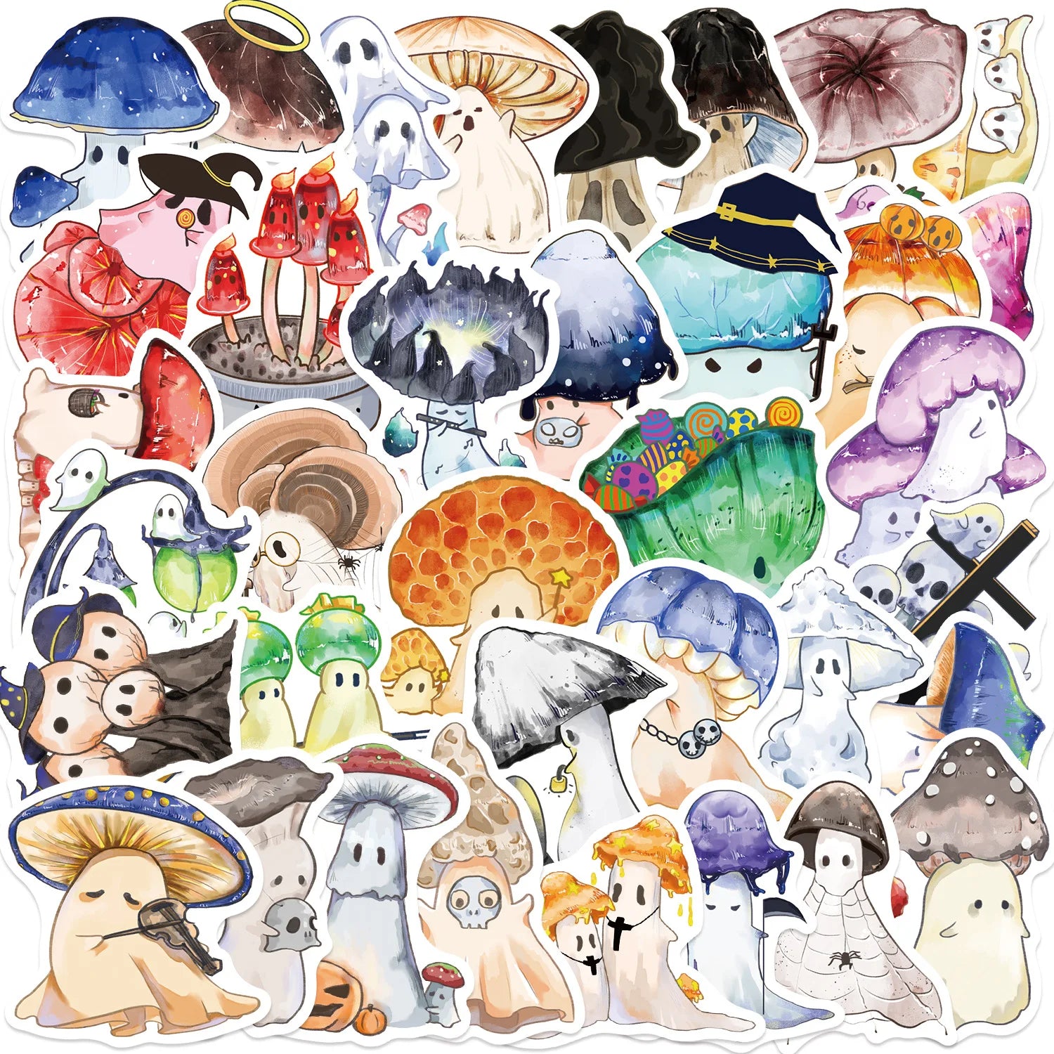 50PCS Cartoon Halloween Mushroom Ghost Graffiti Stickers Decorative Luggage Notebook Diy Waterproof Stickers Stationary