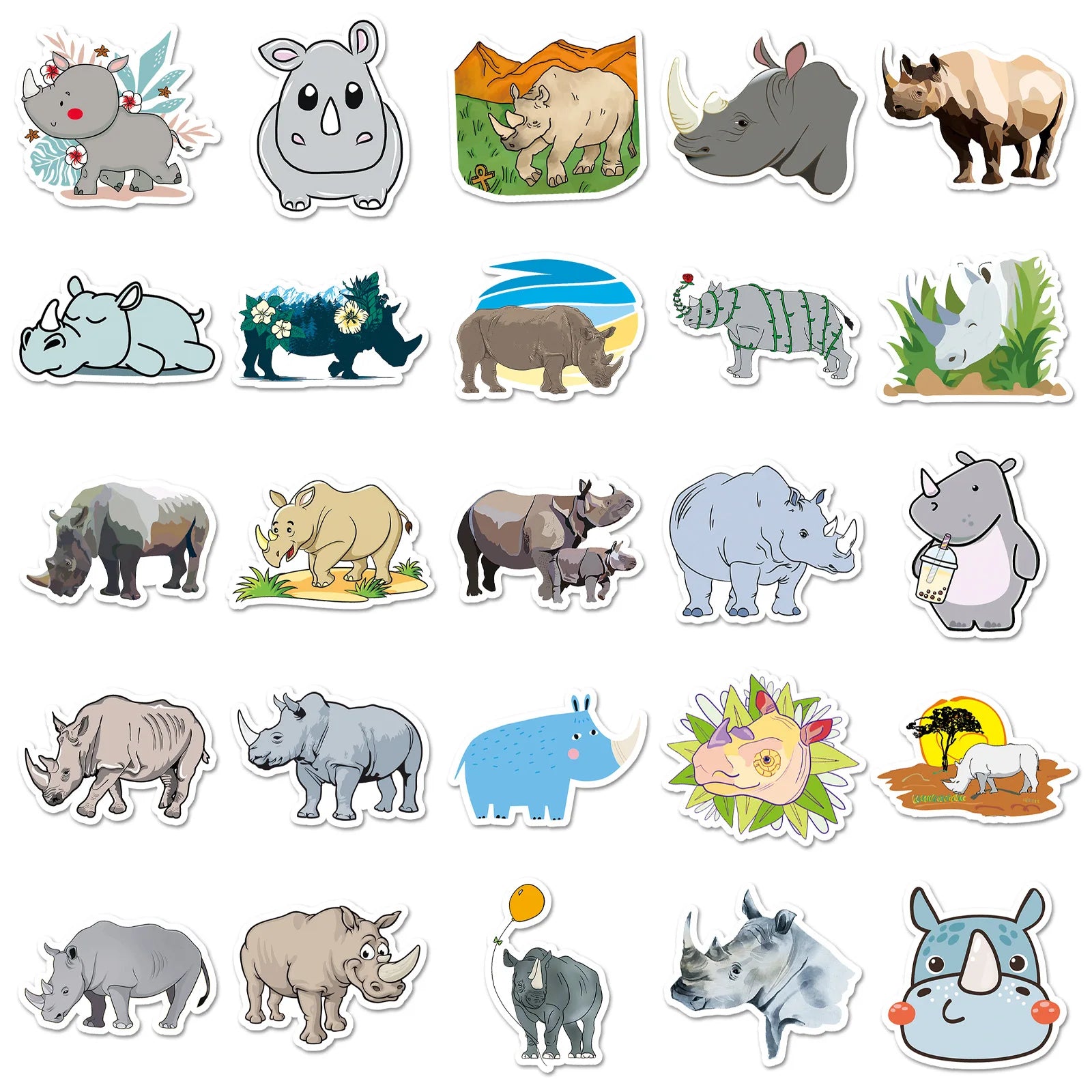 50-Pack Waterproof Rhino Cartoon Animal Graffiti Stickers for DIY Notebook Mobile Phone Luggage Decoration