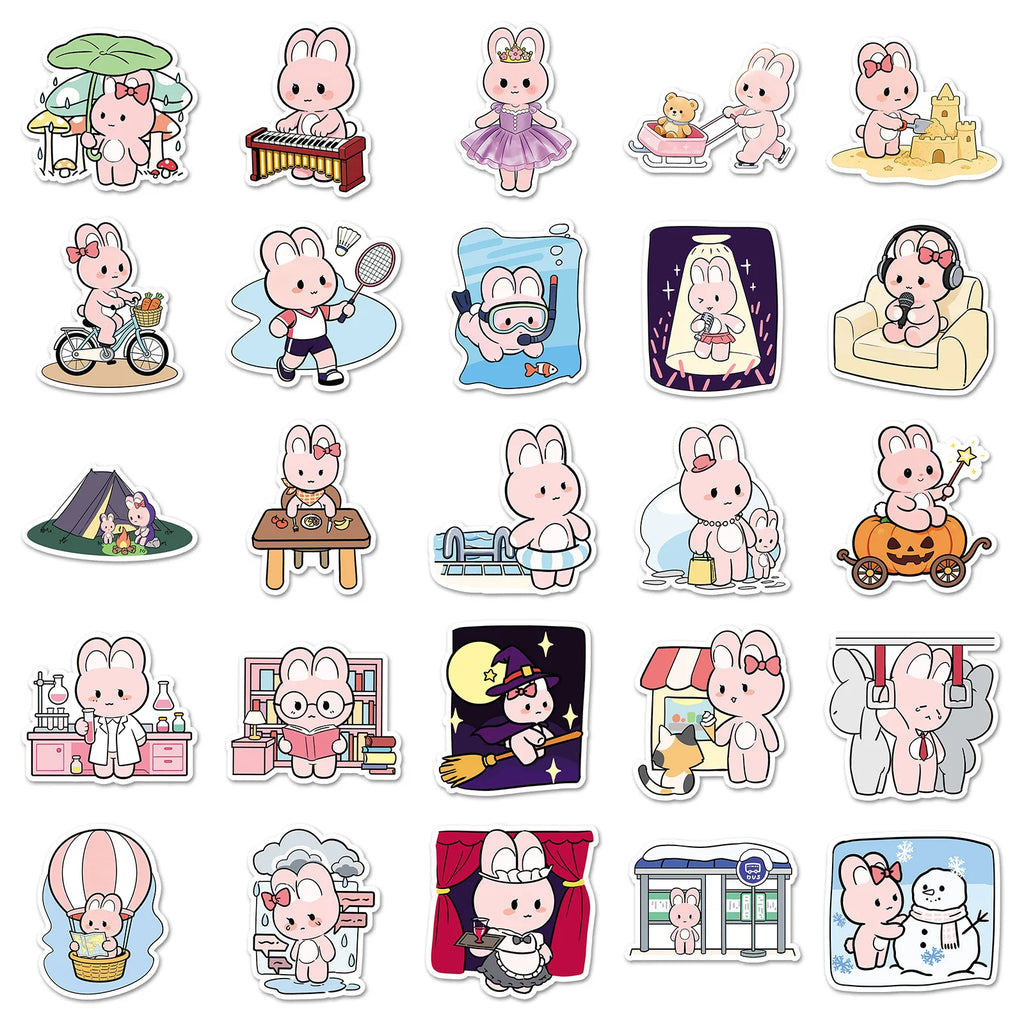 51-Piece Cute Cartoon Pink Bunny Daily Doodle Stickers Waterproof Stickers for Cups Phones Guitars Helmets Stationery Notebooks