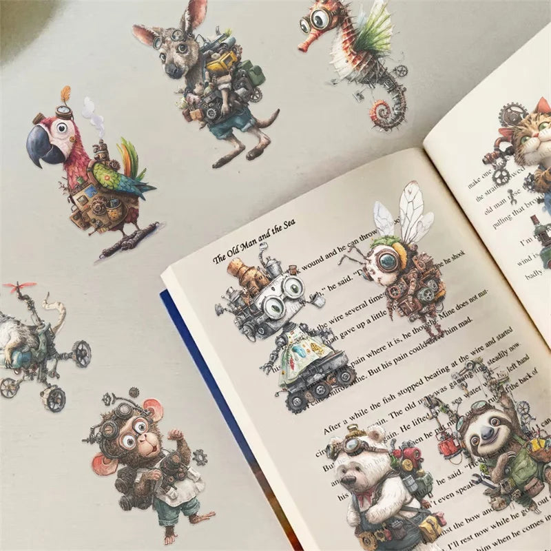 50PCS Cartoon Punk Animals PET Sticky Sticker Aesthetic Tear Open Decoration Scrapbooking Stationery Supplies for Kids