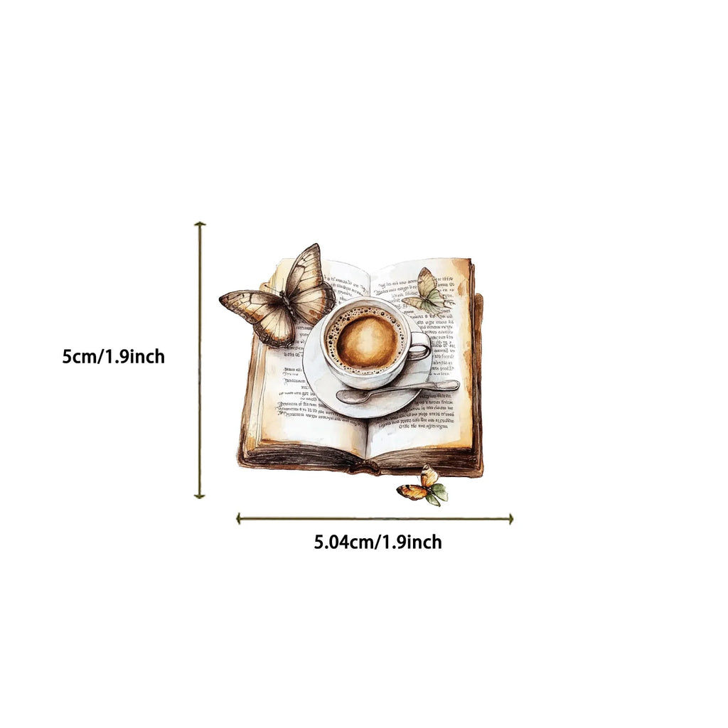 50/100Pcs Cartoon Coffee Book Theme Sticker Pack Waterproof Transparent PET Decor Decals Stationery Guitar Notebook Sticker