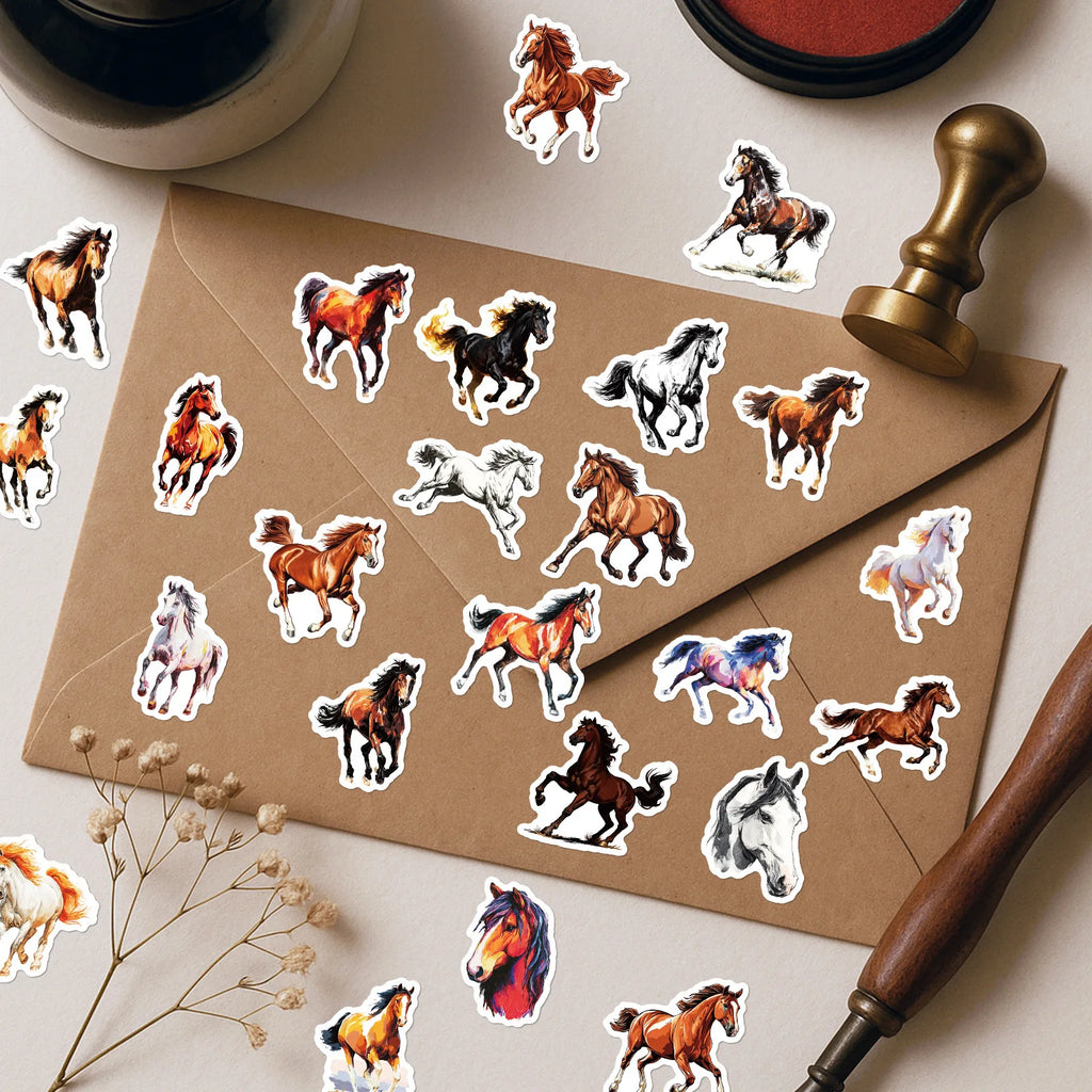 56/112PCS Dynamic Running Horse Stickers Oil Painting Horse Pattern Handmade Account Decoration Retro Animal Stickers