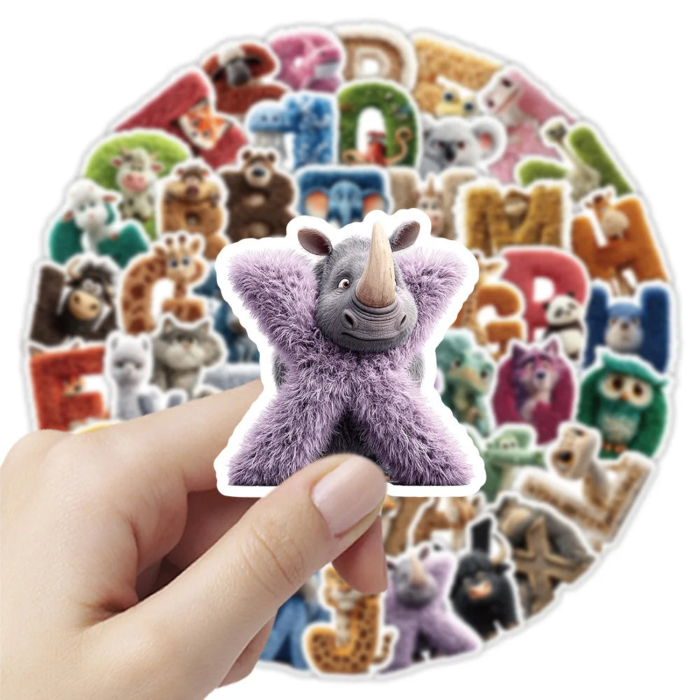 50-Pack Cartoon Animal Alphabet Graffiti Stickers DIY Phone Case Luggage Decoration Waterproof Student Stationery Stickers