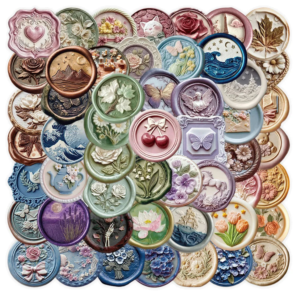 52-Pack Embossed Printed Paint Retro Waterproof Transparent PET Decor Stickers for Phone Envelope Stationery Notebook