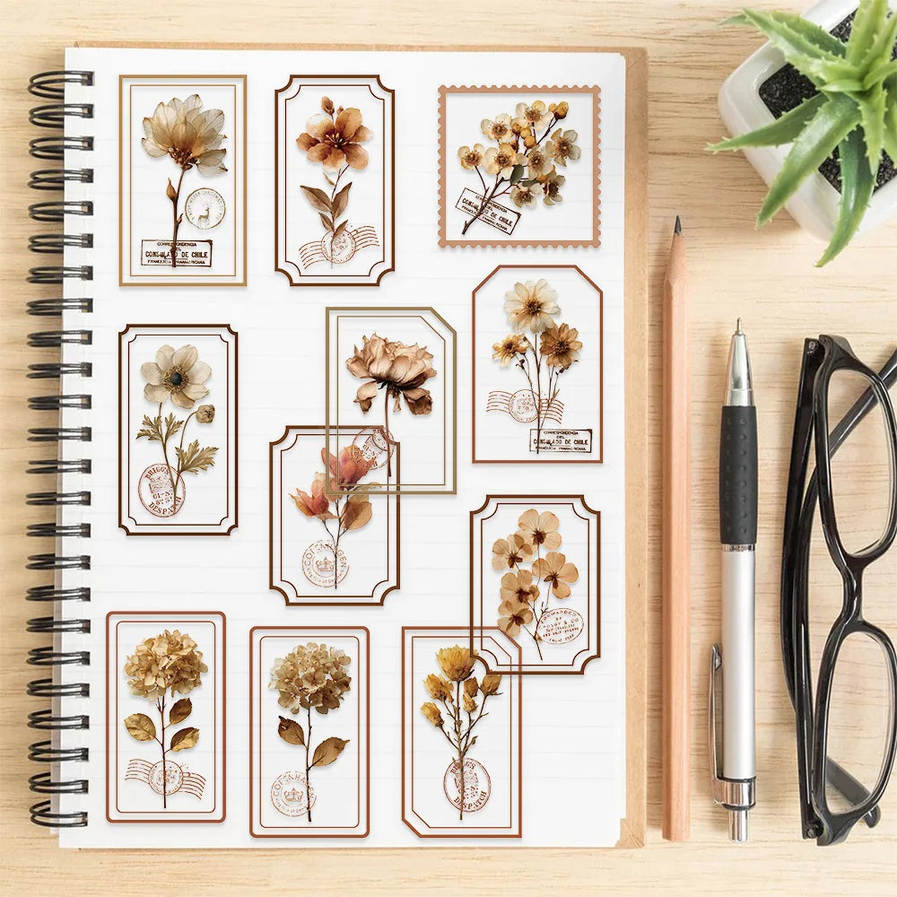 50/100PCS Cartoon Old Page Flower Picking Stationery Sticker Pack Waterproof Transparent PET DIY Decorative Guitar Notebook