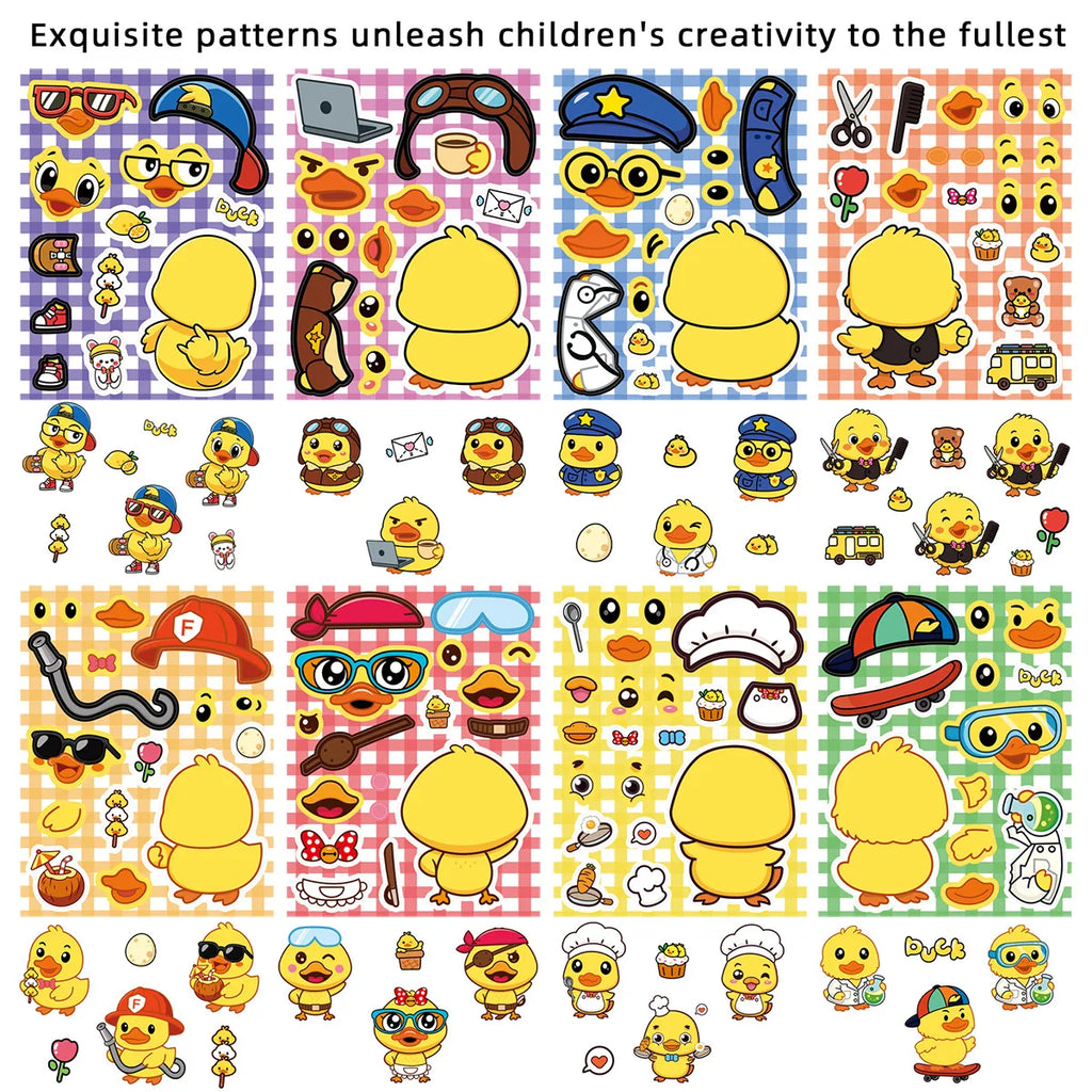 8/16/24Pcs Cute Duck Make A Face Puzzle Stickers, Kids DIY Waterproof Decals for Notebook Laptop Guitar Suitcase