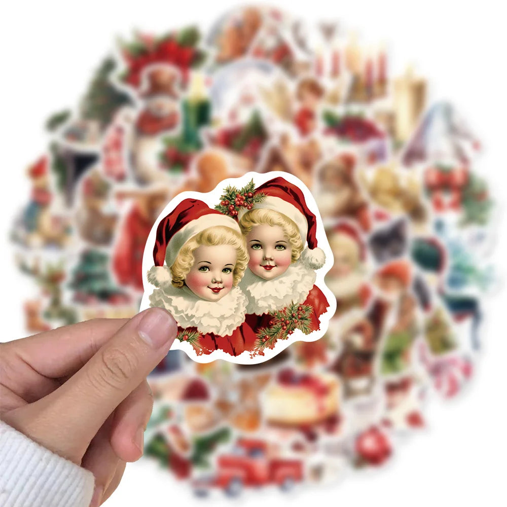50PCS Vintage Christmas Stickers Notebook Retro Aesthetic Art Laptop Luggage Scrapbooking Decoration Waterproof Decals ﻿