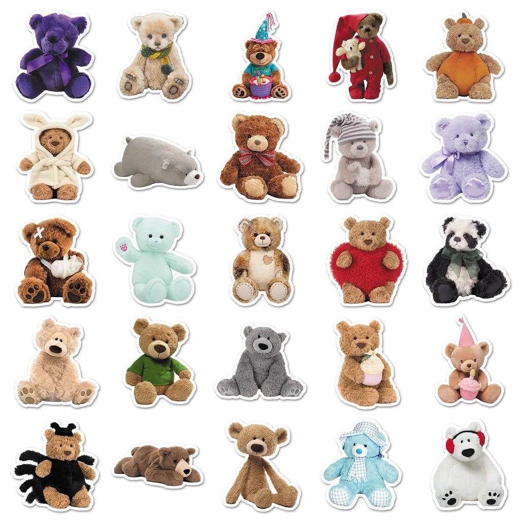 50-Pack Plush Teddy Bear Doodle Stickers Storage Box Tablets Phones Stationery Notebook Waterproof Decorative Sticker