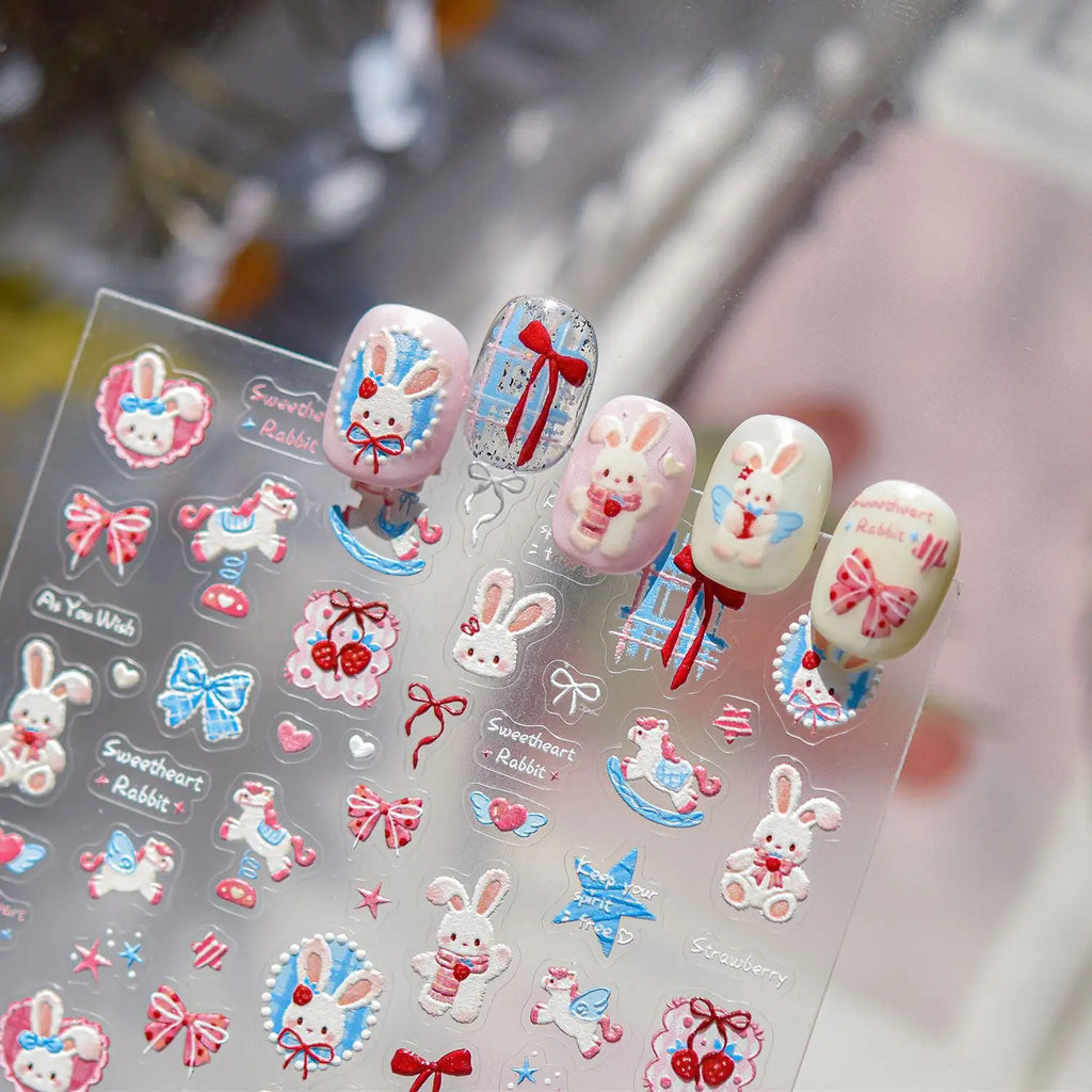 Rabbit and Bear Star Ribbon Ribbon Charms Nail Art Stickers 5D Reliefs Nail Sticker Cartoon Designs Adhesive Nail Decor Stickers