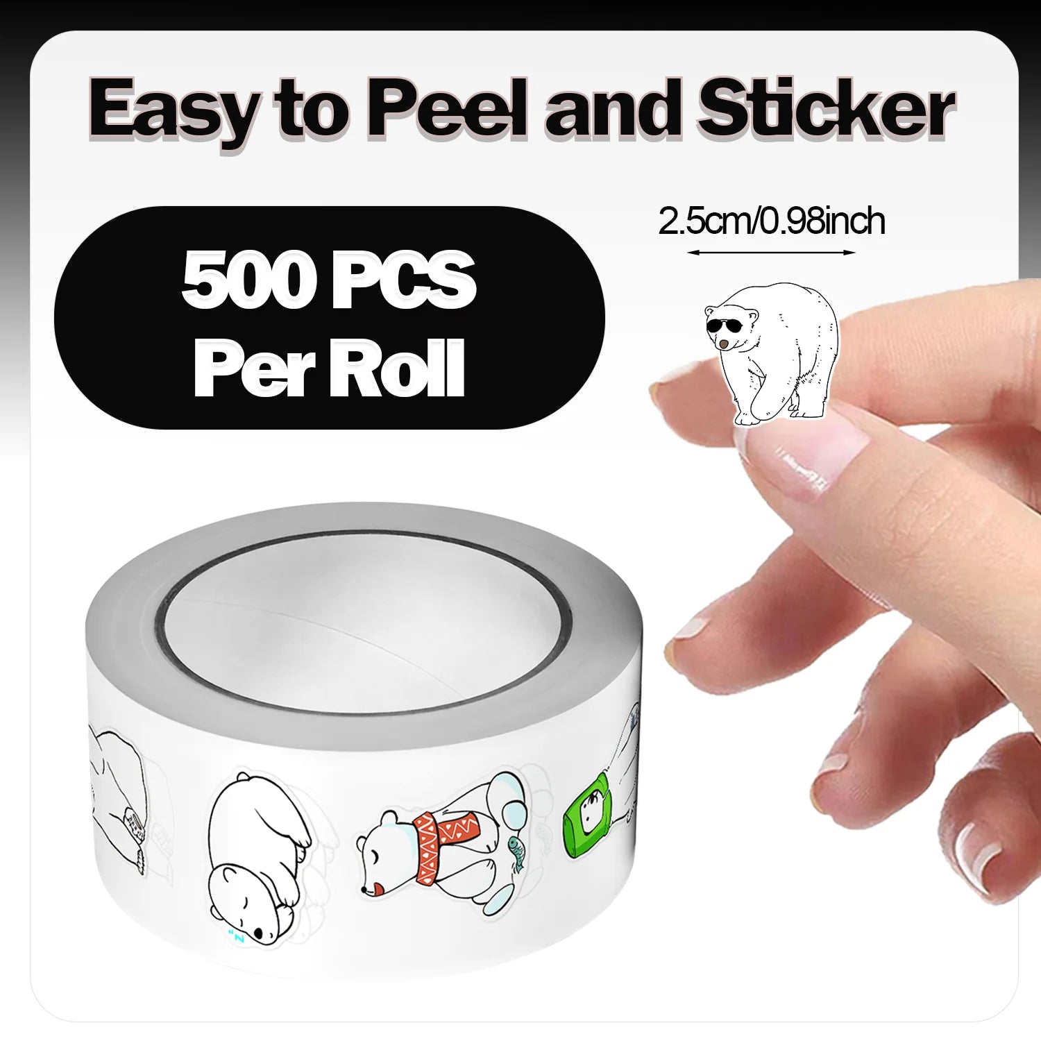 1Roll(500Pcs) Naughty Polar Bears Pattern Stickers 2.5cm/1.0'' 8 Designs Decals Diy Adorn Gifts Package Home Decor Sealing Label