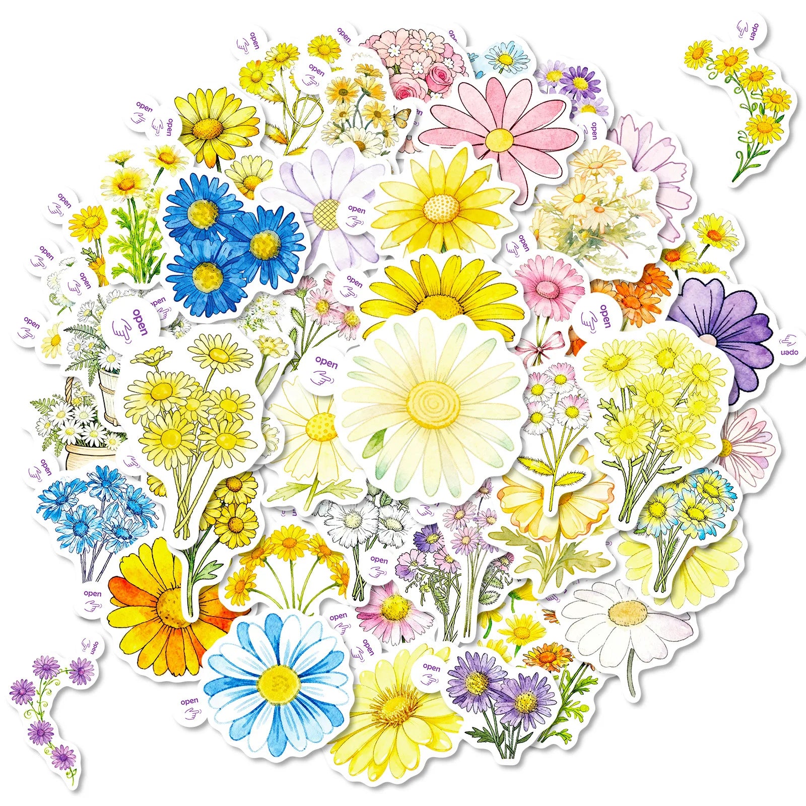50PCS Colorful Daisy Themed Easy-Tear Stickers for Office Stationery Student Supplies Decorative Notebook Phone Helmet Decals