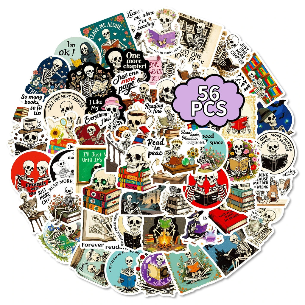 56PCS Skeleton Reading Graffiti Stickers Creative Personalized Cartoon Text Stickers Decorative Guitar Notebook