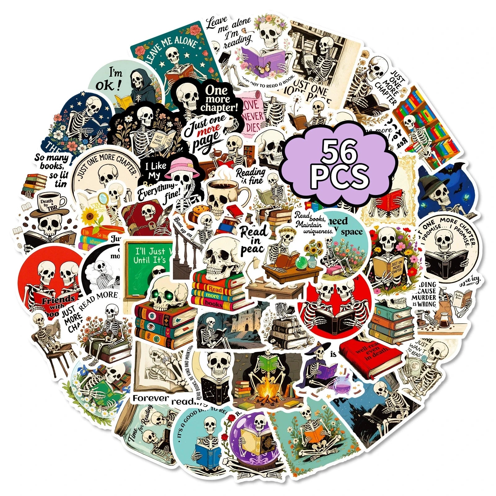 56PCS Skeleton Reading Graffiti Stickers Creative Personalized Cartoon Text Stickers Decorative Guitar Notebook