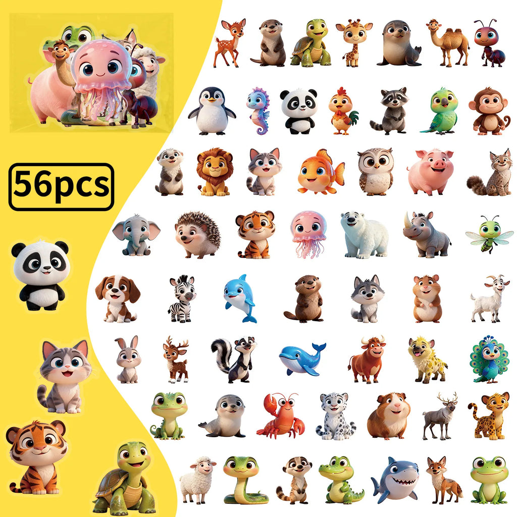 56/112 Pcs Cute Cartoon Animal PET Clear Stickers for Stationery Box Water Bottle Helmet Bicycle Car on-repeating Waterproof