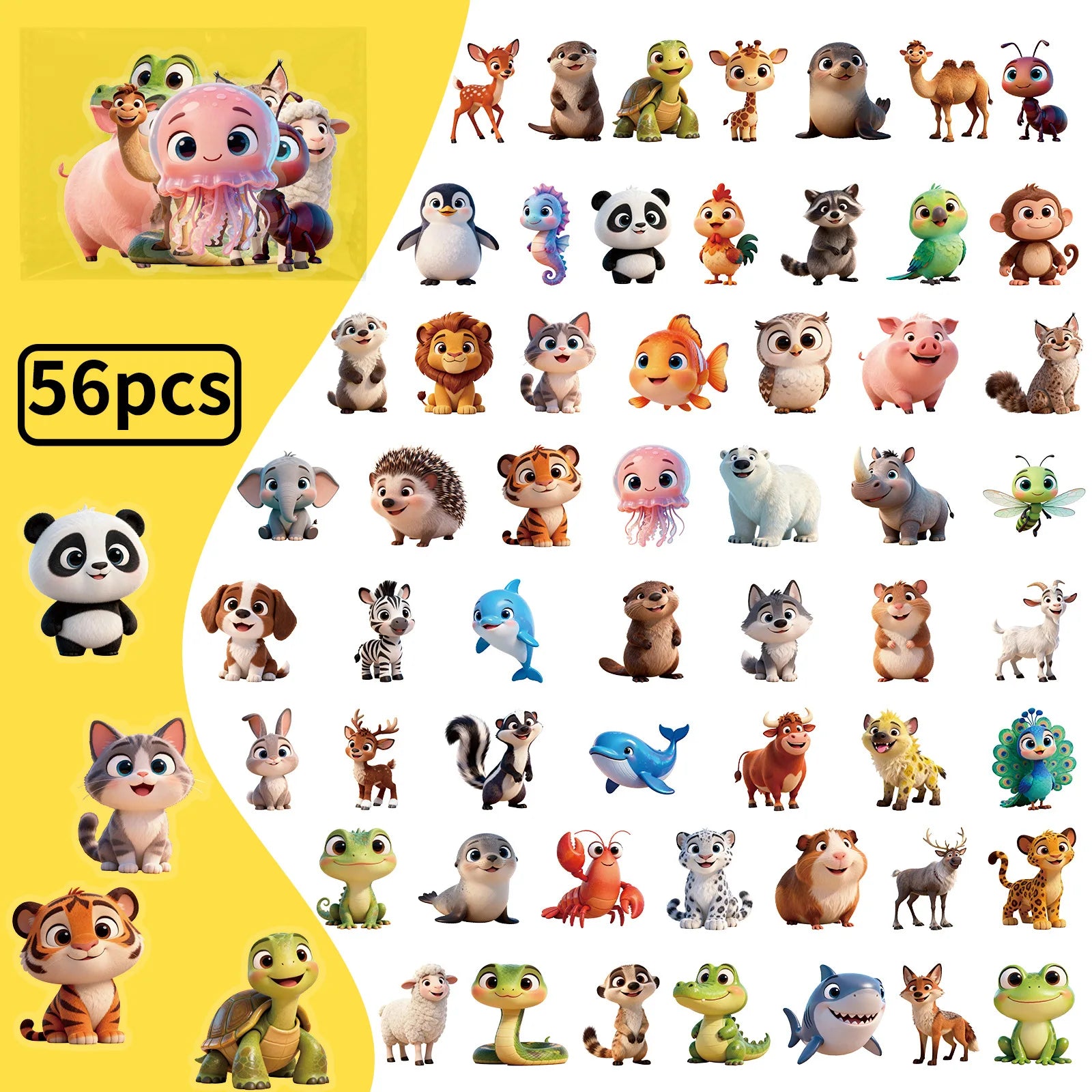56/112 Pcs Cute Cartoon Animal PET Clear Stickers for Stationery Box Water Bottle Helmet Bicycle Car on-repeating Waterproof