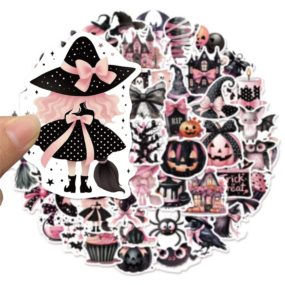 50PCS Cute Black Pink Halloween Fun Graffiti Stickers DIY Handmade Tags Book Roll Notebook Tablet Toy Stickers