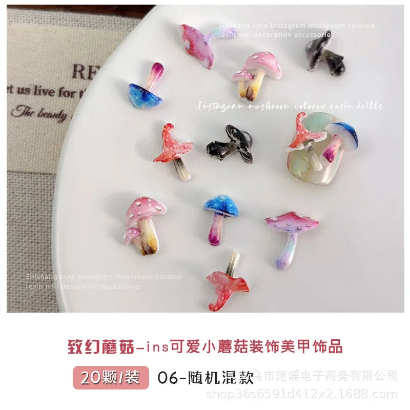 Cute And Magical Mushroom Nail Art Accessories Resin Cartoon Little Mushroom Nail Charms Wearable Nail Rhinestones Decorations