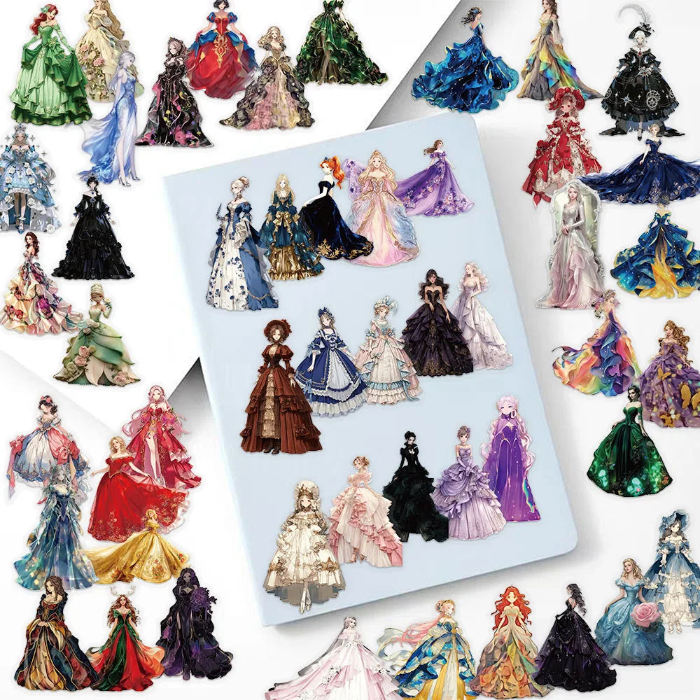 50-Pack Girl Dress Transparent Waterproof Stickers for DIY Mobile Phone Luggage Box Stationery Notebook Decoration