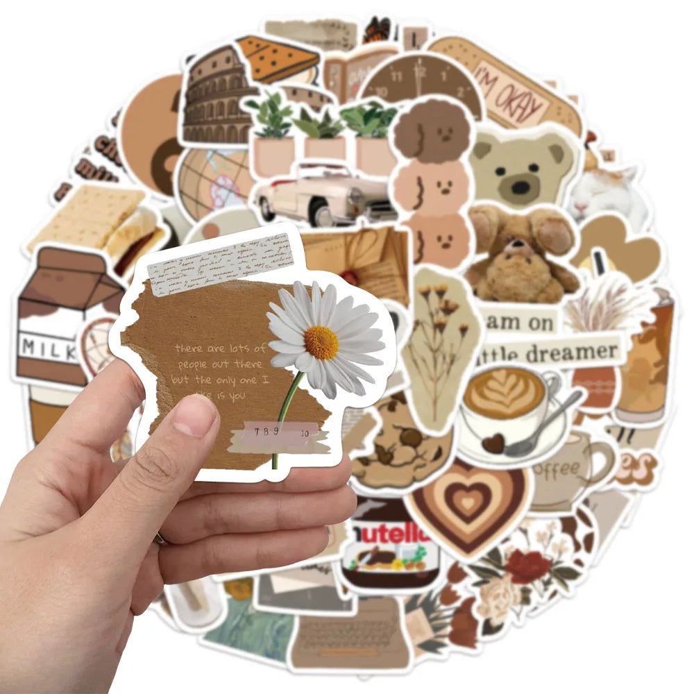 50PCS Brown Aesthetic Decorative Cartoon Stickers Fun Stickers DIY Manual Scrapbook Fixed Phone Laptop Stickers Toy