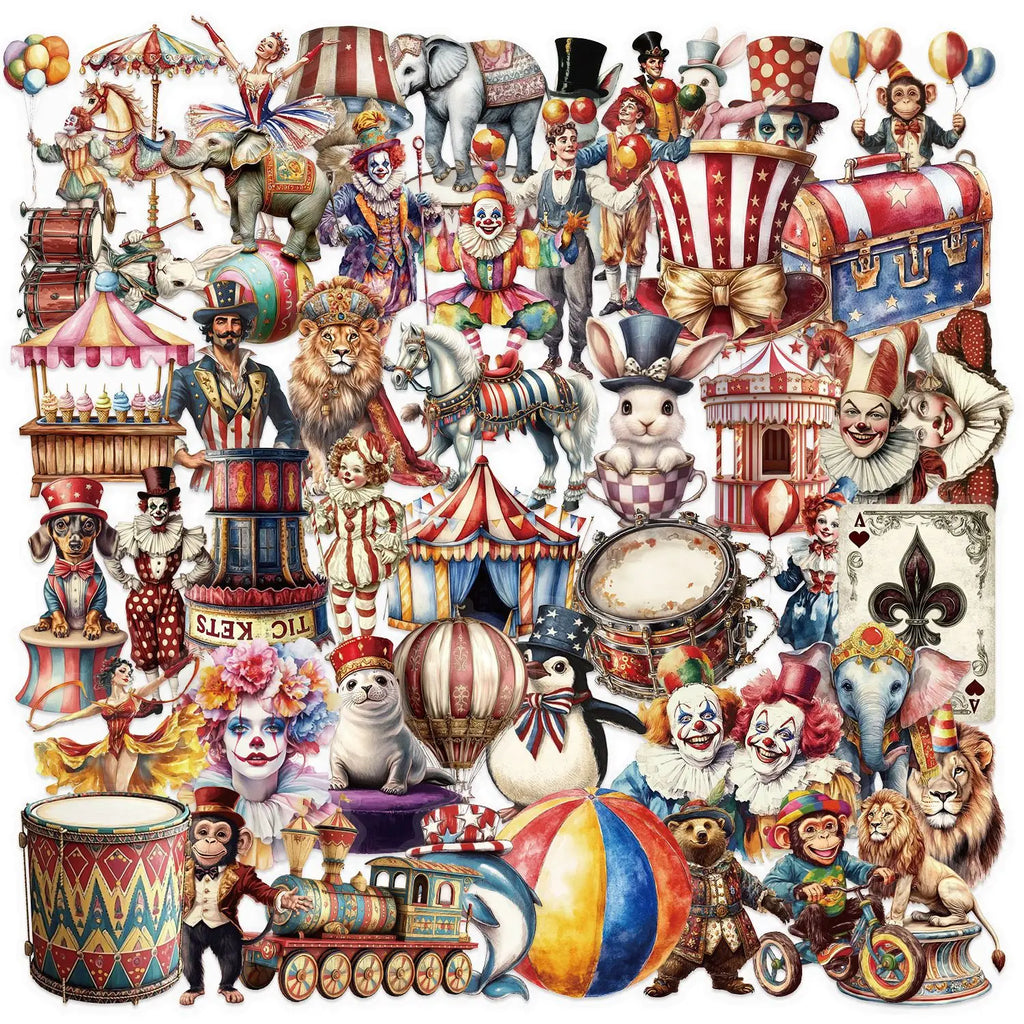 50/100PCS Transparent PET Cartoon Circus Sticker Pack Waterproof Transparent Decorative Guitar Notebook Stationery Stickers